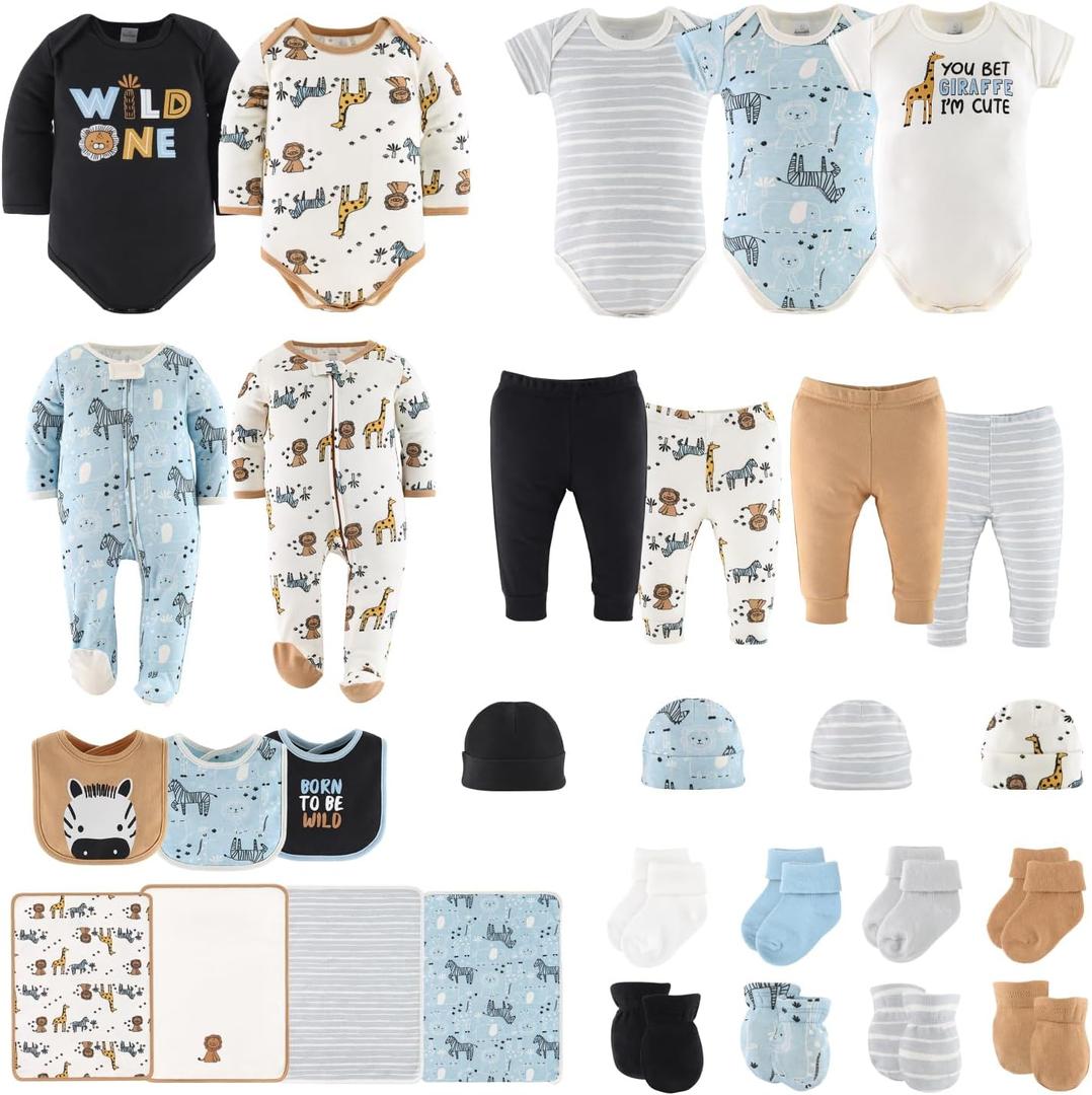 The Peanutshell Baby Layette Gift Set for Boys or Girls - Unisex Newborn Gift Sets, Baby Clothes & Essentials, Safari (0-3 Months)