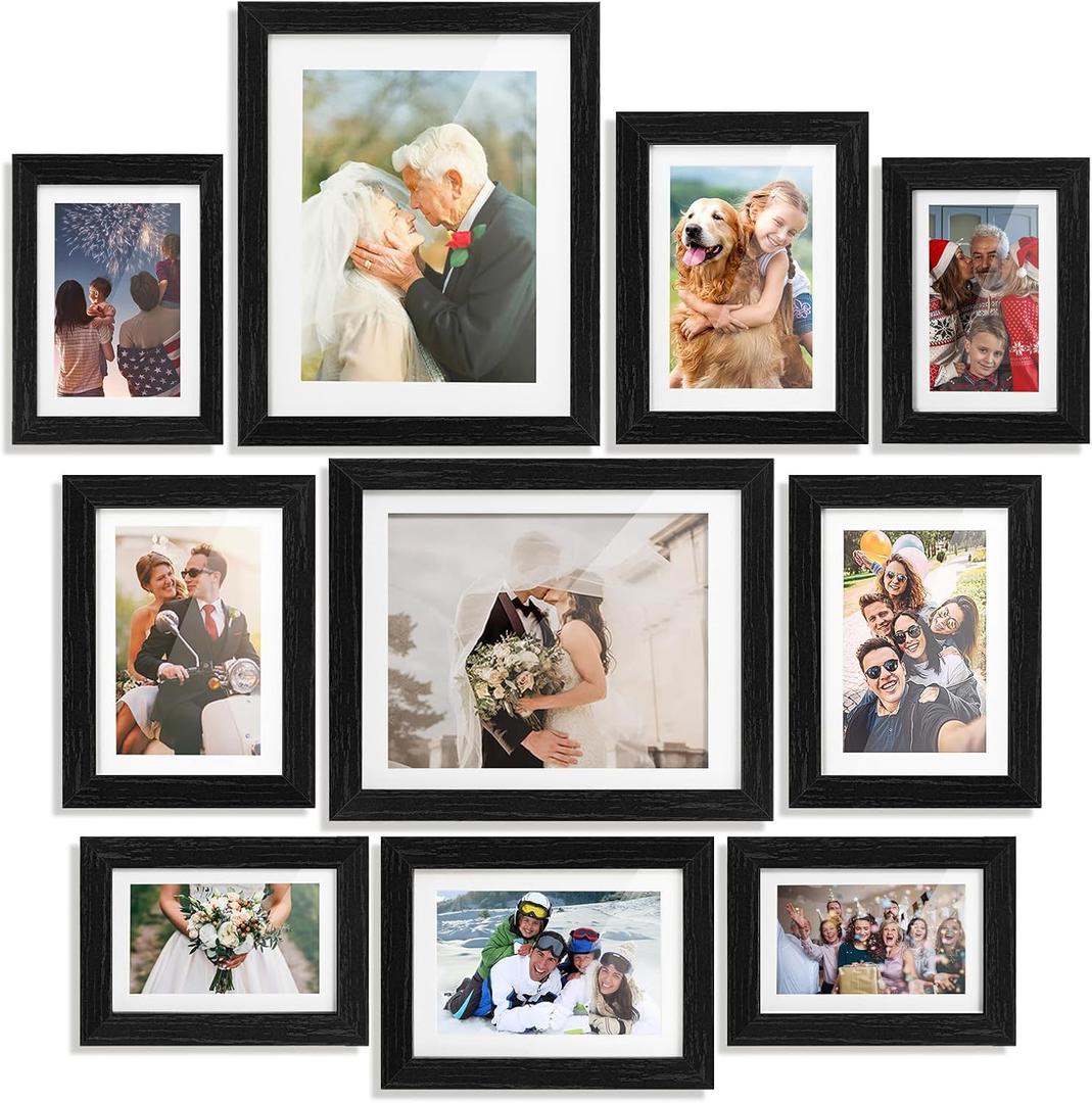 Picture Frame Set of 10 Display Pictures 8x10 5x7 4x6 with Mat and HD Glass, Gallery Photo Frames for Wall or Tabletop (Black)
