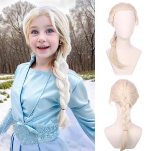 Kids Blonde Wig Girls Long Platinum Blonde Braided Ponytail Wig for Cosplay Heat Resistant Synthetic Wigs with Cap