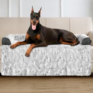 Calming Extra Large Dog Bed for Couch, 53 x 39.3 inch Removable Couch Cover for Dogs Washable, Non-Slip Fluffy Plush Dog Sofa Mat for Furniture Protector - Grey