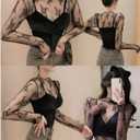 Women's Long Sleeve Mesh Tops See Through Sheer Tee Shirts Mock Neck Floral Embroidery Tops for Layering (Black, L)