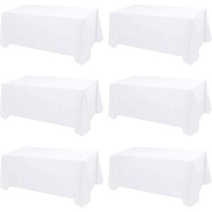 Kesfey 6 Packs White Polyester Table Cloths 90 x132 inch Rectangle High Density Tablecloth Fabric Tablecover for 6 Foot Tables Wrinkle Resistant Washable Table Cloth for Wedding Celebration Buffet