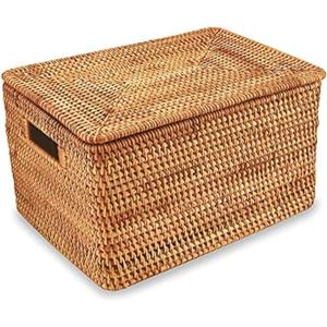 FIYAMMY Rattan Basket With Lid, Large Lidded Basket For Storage(15.3" L11.4"W9.5"H)