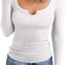 REORIA Womens Long Sleeve Scoop V Neck Shirts Ribbed Knit Slim Fitted Tops Trendy 2025 Fall Basic Tees Going Out Blouse (White, XL)