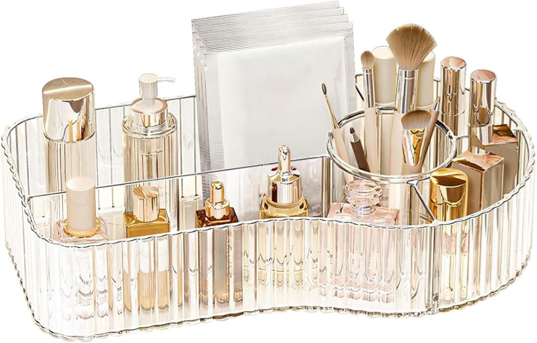 DASITON Large Capacity Makeup Organizer,5 Slot Makeup Brush Holder,Vintage Striped Make Up Brush Holder,for Vanity Decor,Bathroom Countertops,Desk Storage Container,Cosmetic Display Cases(Clear)