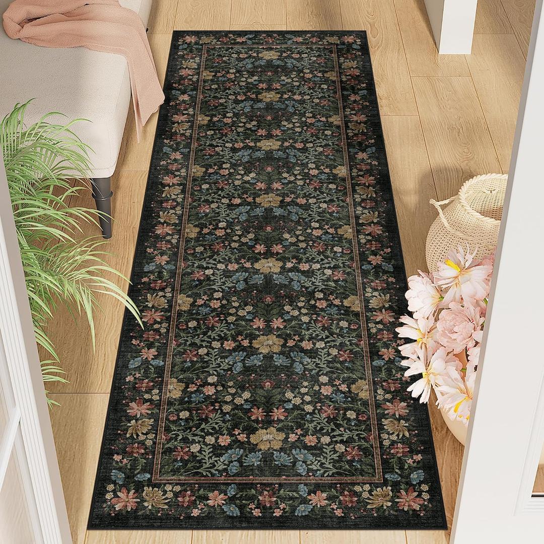 DUKINO 2x6 Runner Rug for Hallway, Washable Vintage Floral Kitchen Rug with Non Slip Backing, Soft Low Pile Throw Carpet Runner for Kitchen, Laundry, Hallway, Bathroom, Black