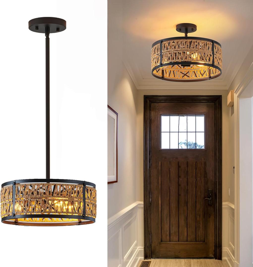 3-Lights Rattan Boho Chandelier for Dining Room Drum Wicker Pendant Light Fixtures Hanging Woven Coastal Ceiling Light for Farmhouse Kitchen Island Living Room Bedroom (Brown+Black)