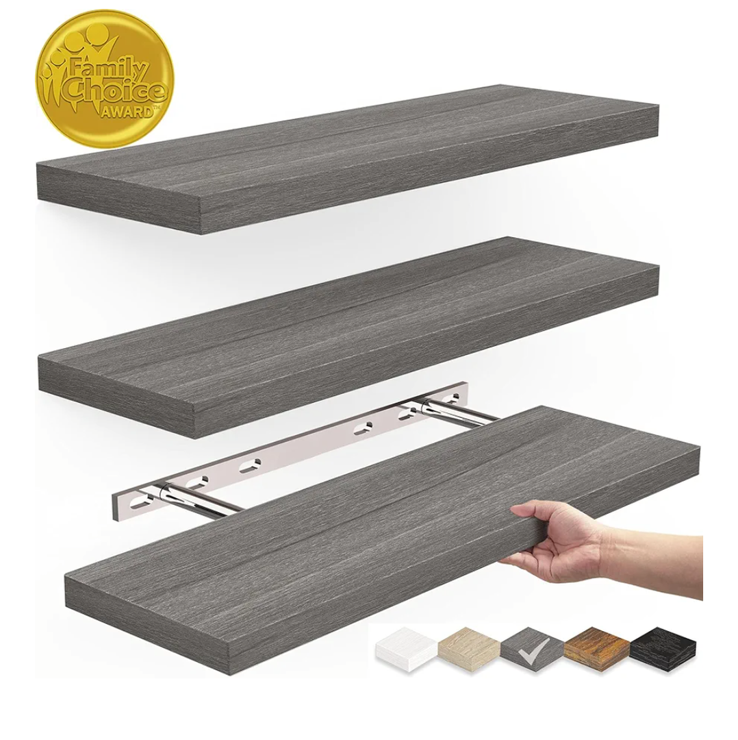 BAYKA Floating Shelves, Wall Mounted Rustic Wood Shelves for Bathroom, Bedroom, Living Room, Kitchen,Small Hanging Shelf for Books/Storage/Room Decor with 22lbs Capacity (Grey, Set of 1, 15.7in)