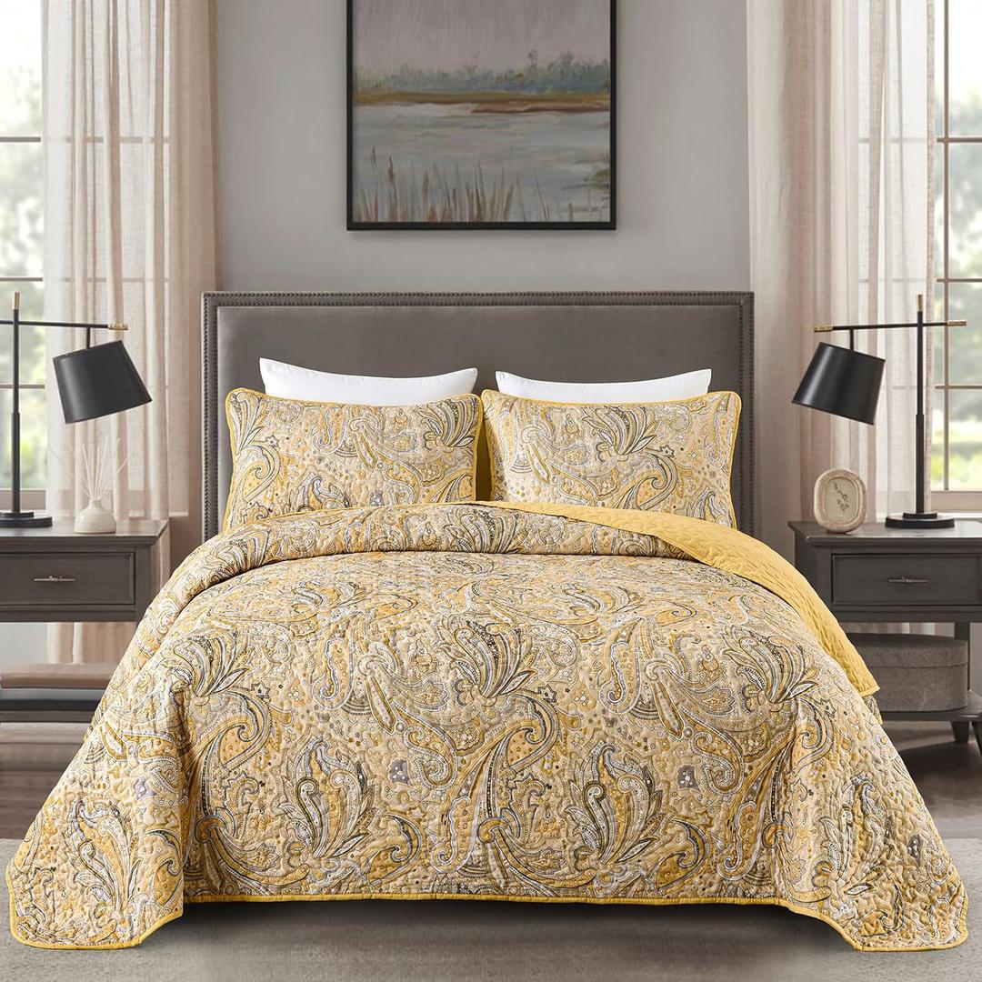 DJY Yellow Paisley Quilt Set Queen Size Boho Quilt Bedspread Set 3 Pieces, Soft Lightweight Paisley Floral Pattern Coverlet Bedding Set for All Season, 96''x90''