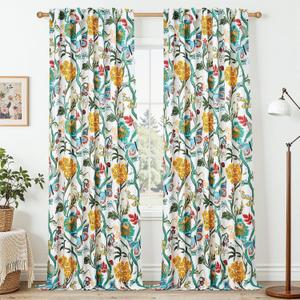 Topfinel Sage Green Whimsical Floral Curtains 96 Inches Long for Sliding Glass Door Butterfly Bird of Paradise Soft Textured Drapes Hooks Rings for Large Blackout Window Sliding Door, 2 Panels, 52"W x 96"L