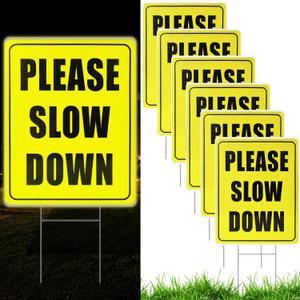 Thyle 6 Pcs Reflective Please Slow Down Signs for Neighborhoods with Metal Stake 17 x 13 Inch Double Sided Slow Down Sign for Street Lawn Children Playing Yard Road Visual Sign, Yellow