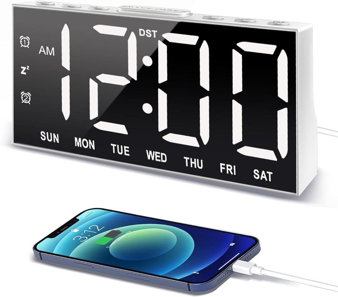 JALL Digital Alarm Clock with Large Display Big Bold Numbers, Dimmer, 2 USB Charging Ports, Snooze, Small Table Desk Clock for Bedroom, Living Room, Clock for Heavy Sleepers (White)