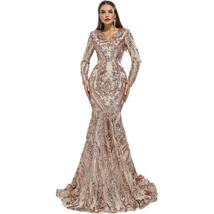 Women's Long Sleeves V-Neck Sequins Mermaid Evening Dress (Champagne), Size: 16W