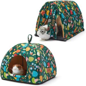 Guinea Pig Hideout Soft Large Bed Tunnel with Door Curtain 2 Pack Guinea Pig Toys Set Bunny Bed Cage Accessories for Small Animals (Blackish Green Mushroom)