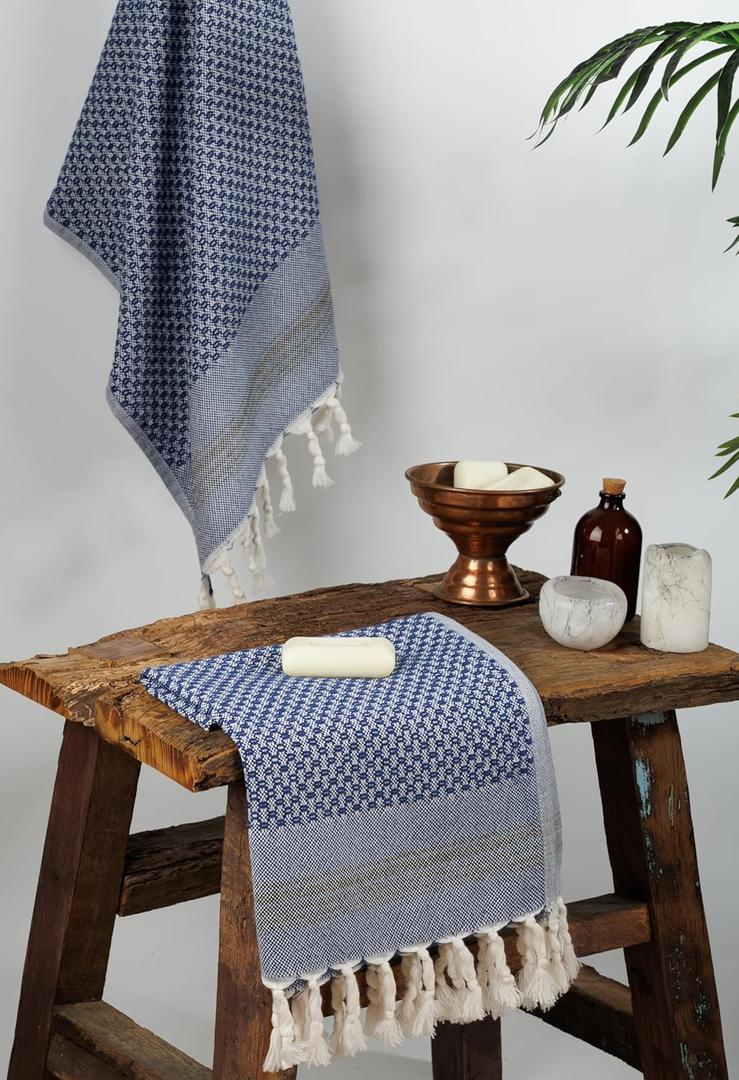 DEMMEX Set of 2 Micro Waffle Turkish Hand Towels for Bathroom and Kitchen  100% Oeko-TEX Certified Cotton  Luxury, Ultra-Soft Cotton Bubbles Texture, Prewashed, 18x32'' (Navy)