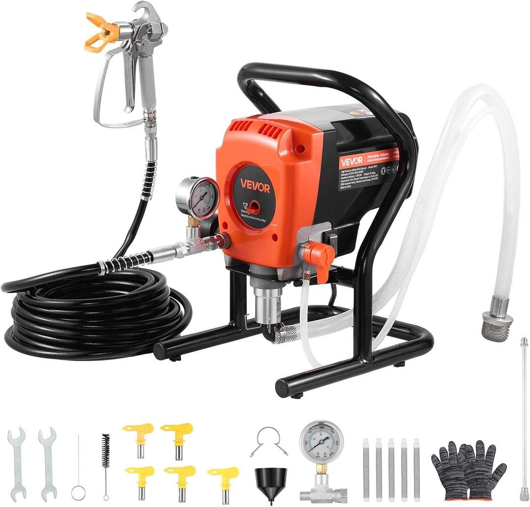 VEVOR Stand Airless Paint Sprayer, 900W, 3300PSI High Pressure Airless Sprayer, Cleaning Brush, Hose, Extension Rod, Nozzles, Electric Spray Paint Machine for Interior or Exterior of House, Fence
