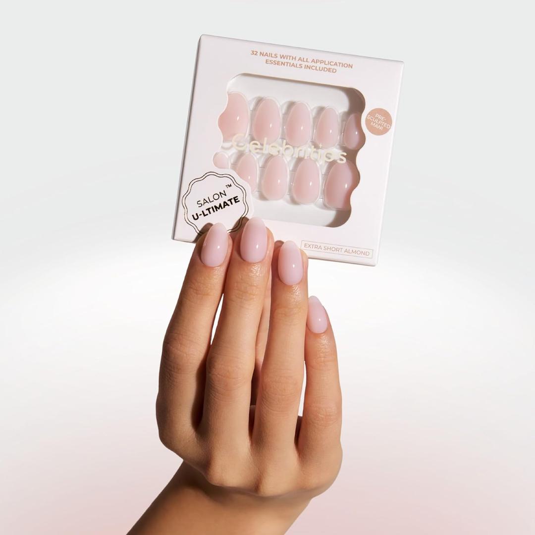 Press On Nails - Salon U-ltimate | Bare Milk, Extra Short Almond Nails, Reusable | 16 sizes - 32 Nails Kit with Glue and Sticky Tabs