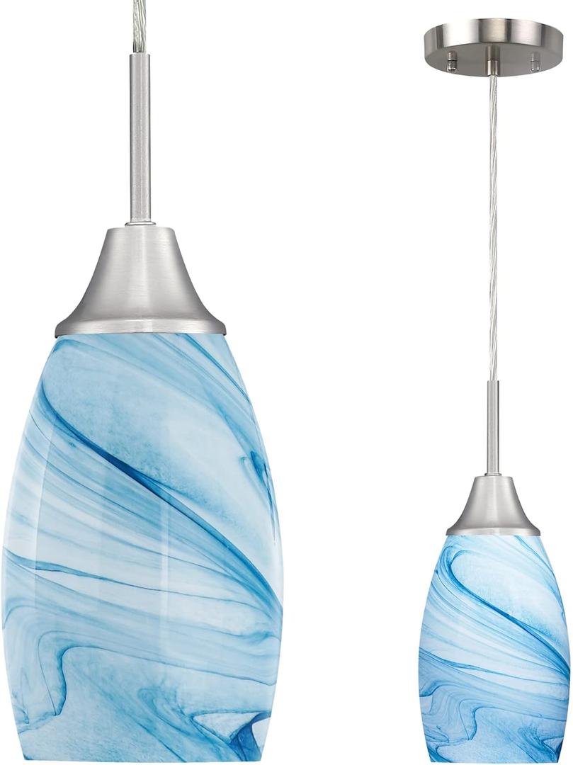 Mini Glass Pendant Light with Handblown Blue Marble Art Glass Shade Adjustable Cord Modern Oval Lamp Ceiling Pendant Light Fixture for Dining Room, kitchen, Foyer, Hallway, Brushed Nickel Finish 3 Pack