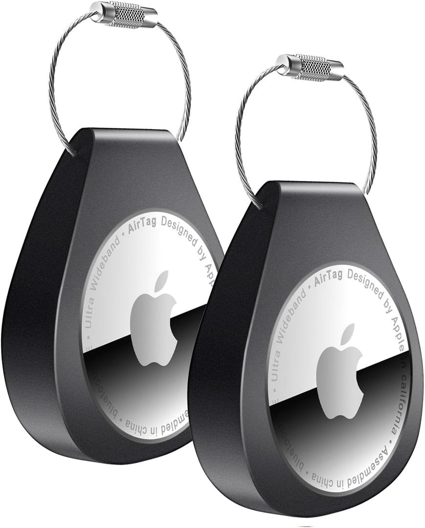 2 Pack AirTag Holders with Keychain - Secure Airtag Lock Case with Wire Cable Compatible with Apple AirTags for Keys, Luggage, Dog Collar, Backpack & More (Black)