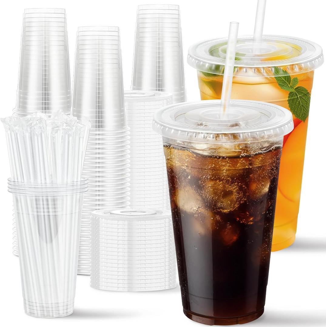 100 Pack 20 oz Plastic Clear Cups with Lids and Straws, Disposable Coffee Cups with Lids for Iced Coffee, Cold Drinks, Smoothie and Milkshake
