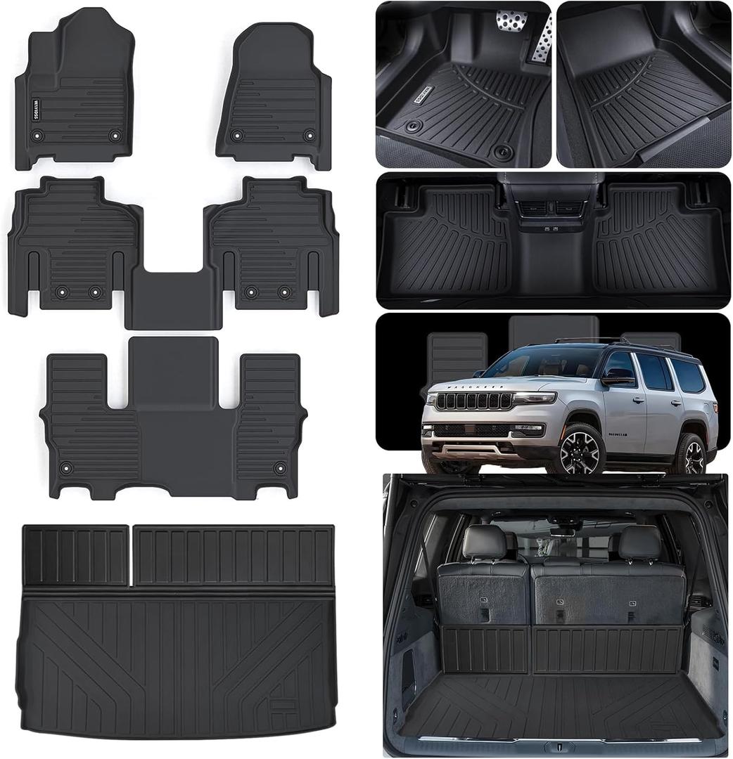 Floor Mats for 2022-2024 2025 Jeep Wagoneer (Not Fit for L or 8 Set) with Trunk Mat, TPE All Weather Protection 3 Rows Car Floor Liners with Cargo Liners, Black