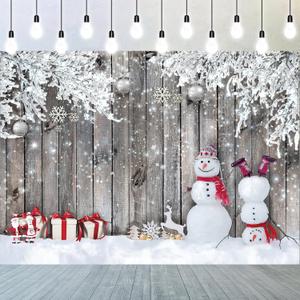 Blulu 7 x 5 Ft Winter Wood Backdrop for Photography, New Year Christmas Snowman Snowflakes Rustic Wall Snow Scene Backdrop Landscape Background for Family Props Decoration (83.9 x 59.8 Inch)