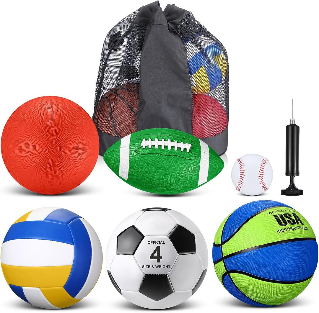 Realspring 6 Pcs Kids Sport Ball Set Includes Official Size Soccer, Basketball, Football, Volleyball, Playground Ball, Baseball with Bag & Pump Back to School Gift for Teens Outdoor Sport Play, 7.9"