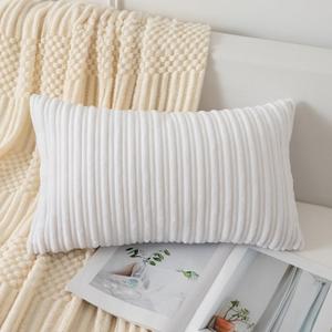 UGASA 12x24 Inch Pillow Cover Pack of 1 Soft Boho Stripe Corduroy Long Rectangular Lumbar Cushion Cover Farmhouse Decorative Throw Pillowcase for Bed, Couch, Sofa, Bedroom, Living Room, Pure White