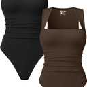 OQQ Womens Square Neck Sleeveless Bodysuit Shapewear Tank Top Stretchy Slim Fit Bodycon Top for Going Out 2 Pack (Large, Black,Darkbrown)