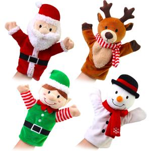 Christmas Hand Puppets for Toddlers 1-3, Kids and Baby - Soft Plush Toys - Fits Small & Large Hands - Santa, Elf, Reindeer & Snowman - Pack of 4