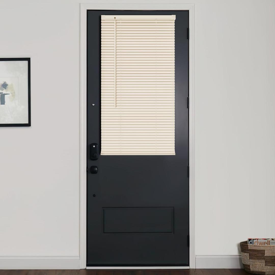 LazBlinds 1" Vinyl Mini Blinds for Doors, Cordless French Door Blinds for Privacy, Light Filtering Privacy Horizontal Shades for Front Door Patio Sidelight Glass Door, 28" W x 72" H, Beige
