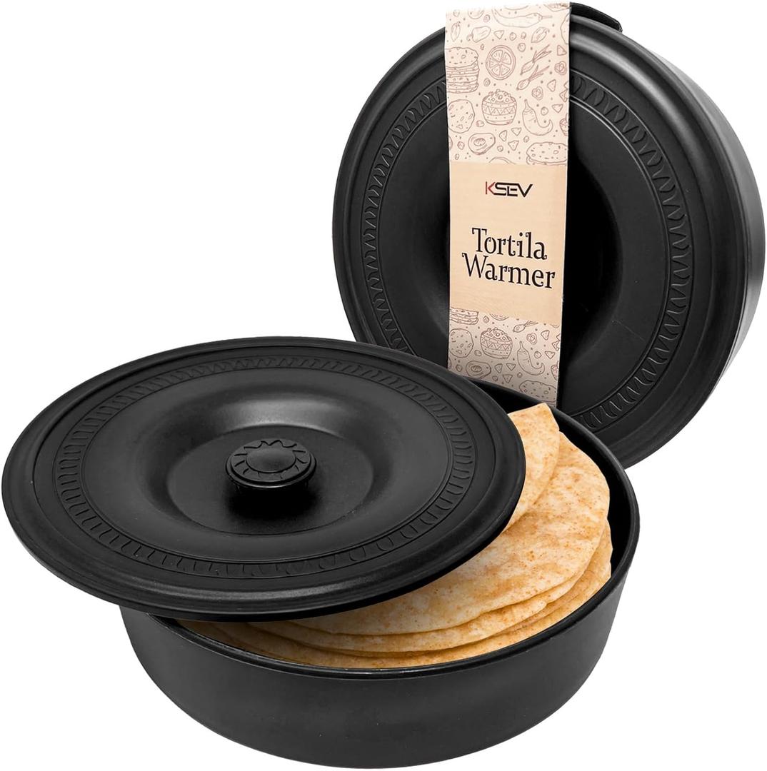 Tortilla Warmer Insulated Container with Lid (8.5" x 2.5"-Inch), BPA FREE Microwave & Dishwasher Safe Tortilla Holder Server Box For Tortilla, Flour Taco, Chapati, Flat Breads (1 Pack - Black)
