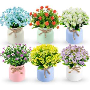 Der Rose 6 Pack Fake Plants Flowers Small Artificial Faux Plants in Plastic Macaron Pot for Home Bathroom Office Desk Accessories Wedding Decor Indoor
