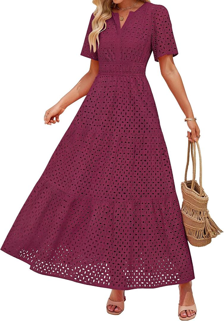 ZESICA Summer Dresses for Women 2026 Casual V Neck Short Sleeve Eyelet A Line Beach Vacation Long Maxi Dresses (L)