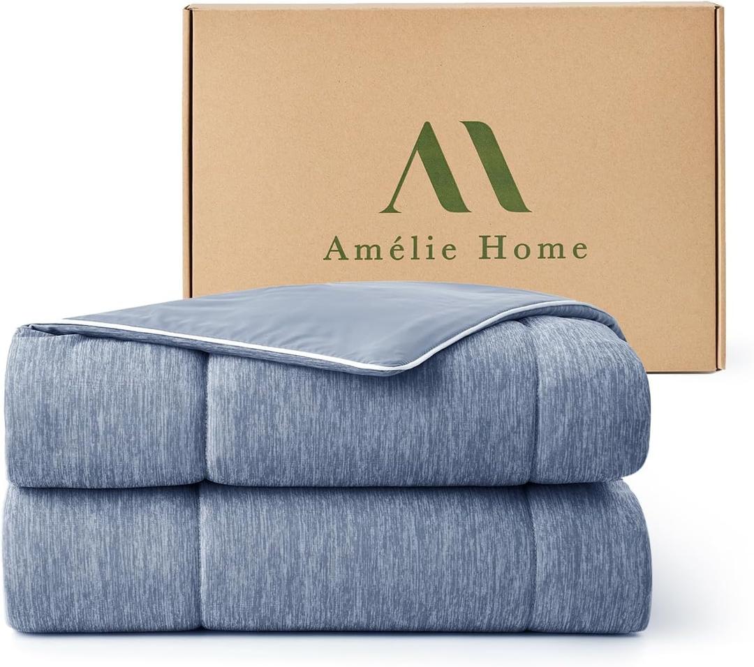 Amlie Home Cooling Comforter King Size, Reversible Lightweight Cooling Blanket for Hot Sleepers, Q-Max 0.43 Summer Breathable Cooling Quilt for Night Sweats, 106" x 90", Heather Denim Blue