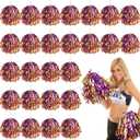 VAIPI 48 Pack Cheerleading Pom Poms Kit with Baton Handle Metallic Foil Squad Team Spirited Fun Cheer Pom Poms Bulk for Kids Adults Cheerleader Gifts Team Spirit Sports Party (Purple & Gold)