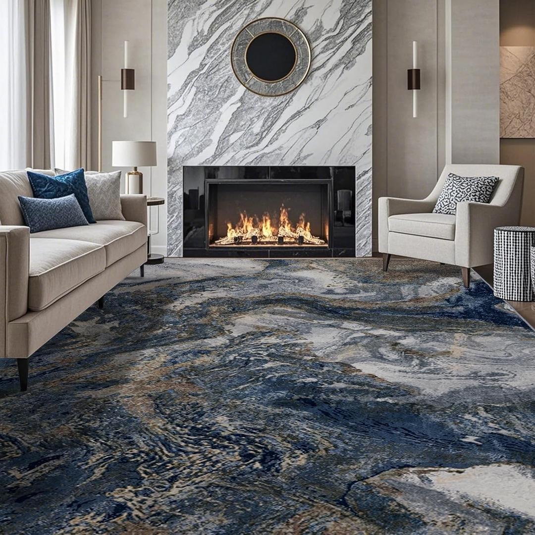 Modern Washable Rug for Living Room: Abstract 9x12 Area Rugs for Bedroom Low Pile Non Slip - Stain Resistant Carpet for Dining Room Indoor - Blue Gold (9' x 12' (Rectangular), Blue and Gold)