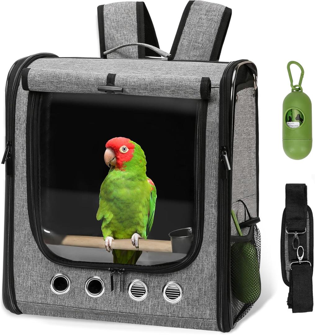 Sanmoncare Bird Carrier Backpack, Parrot Travel Bag with Stand, Lightweight Travel Cage for Cockatiel, Portable Bird Travel Carrier, Pet Transparent Breathable Travel Cage Large
