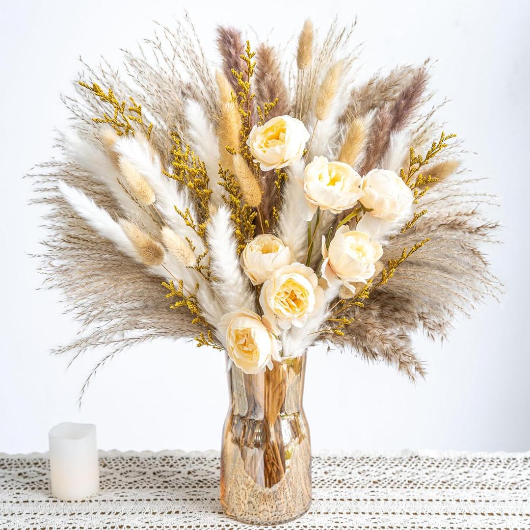 Boho Decor Bouquet - Artificial Flowers and Pampas Grass Decor kit,Mix Dried Flower Arrangement Bunny Tail Home Table Rustic Farmhouse Bedroom Decor (White&beige)