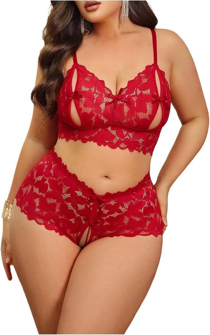 MakeMeChic Women's Plus Size Lingerie Sets Contrast Lace Cut Out Wireless Bra and Panty Set, 3XL Plus