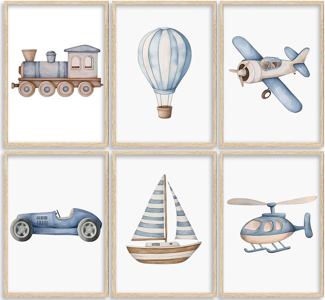 Vintage Baby Boy Nursery Wall Art Blue Transportation Car Airplane Painting Picture Wall Decor Toddler Vehicle Train Boat and Hot Air Balloon Poster Print Artwork for Kids Boys Room Bedroom Decorate (10L''x8W'')