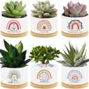 Tarklanda 6Pcs Thank You Teacher Gift Rainbow Succulent Plant Pots Mini Ceramic with Bamboo Tray Flower Pot Planters for Colleague Employee Friend Appreciation Thanksgiving, Plants Not Included