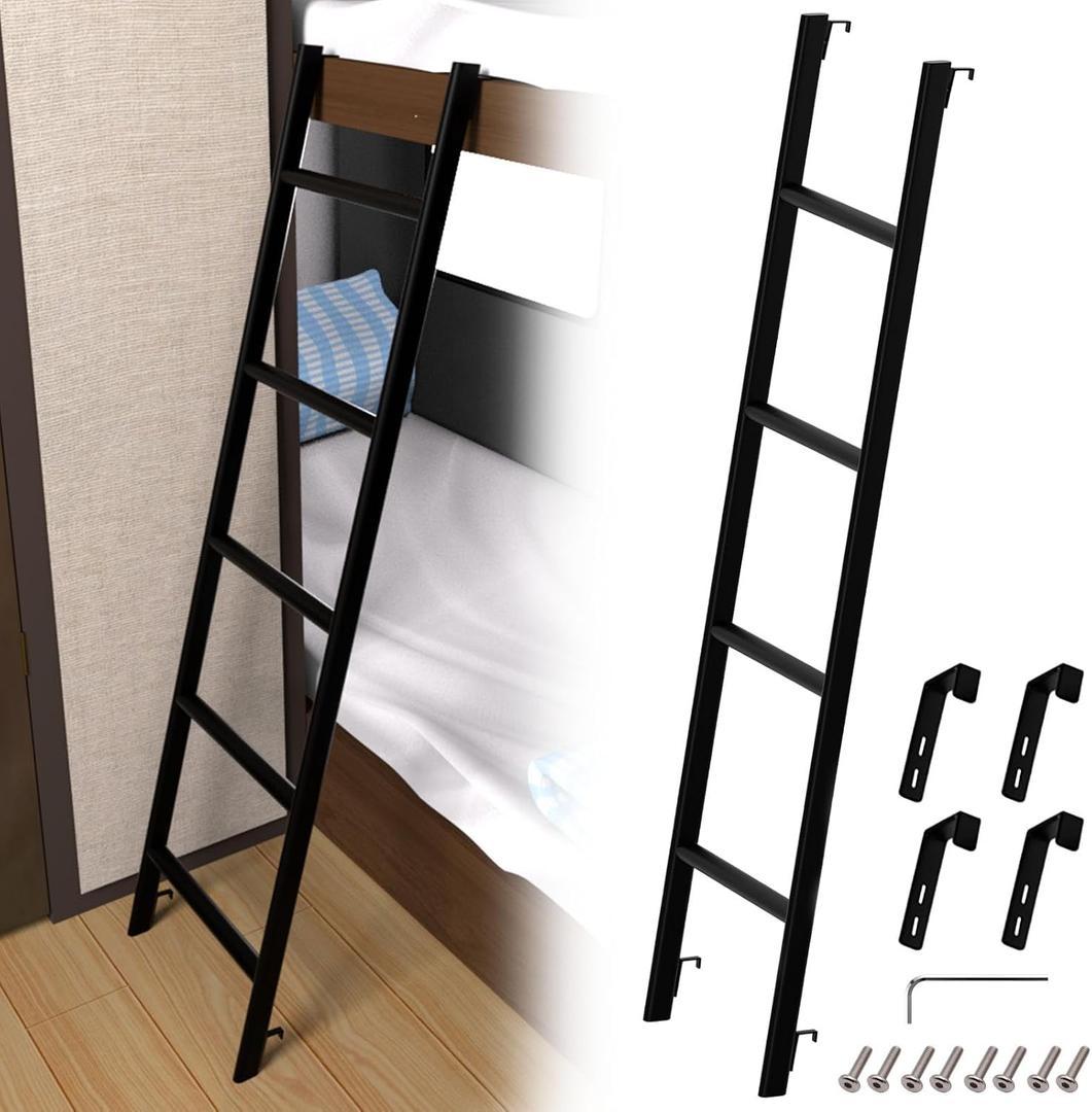 RV Bunk Bed Ladder 55'', Heavy Duty Travel Trailer Bed Ladders with 4 Hook and Foot Caps, Metal Twin Bed Step Ladder for Home Dorm Appartments, Load 330 LBS (55inch / 140cm, Black)