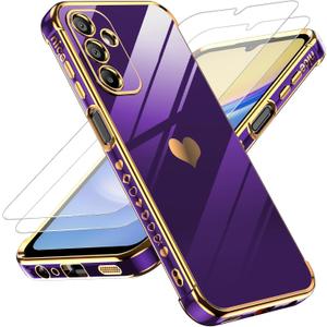 LeYi for Samsung Galaxy A15 5G Case: with Tempered Glass Screen Protector [2 Pcs]+ Full Camera Lens Protection,Love Heart Plating Girly Cute Luxury Shockproof Case, Cute Present for Mom, Dark Purple