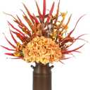 Artificial Fall Flowers with Metal Pot, Orange Silk Fall Leaves Stems with Hydrangea Berry Branches & Eucalyptus for Autumn Thanksgiving Table Centerpiece Decor (Red and Orange)
