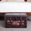Household Essentials Large Decorative Trunk, Vintage Decoupage, Metal Accents with Leather Strapping, Strong MDF Frame, Clasps Shut, Brown