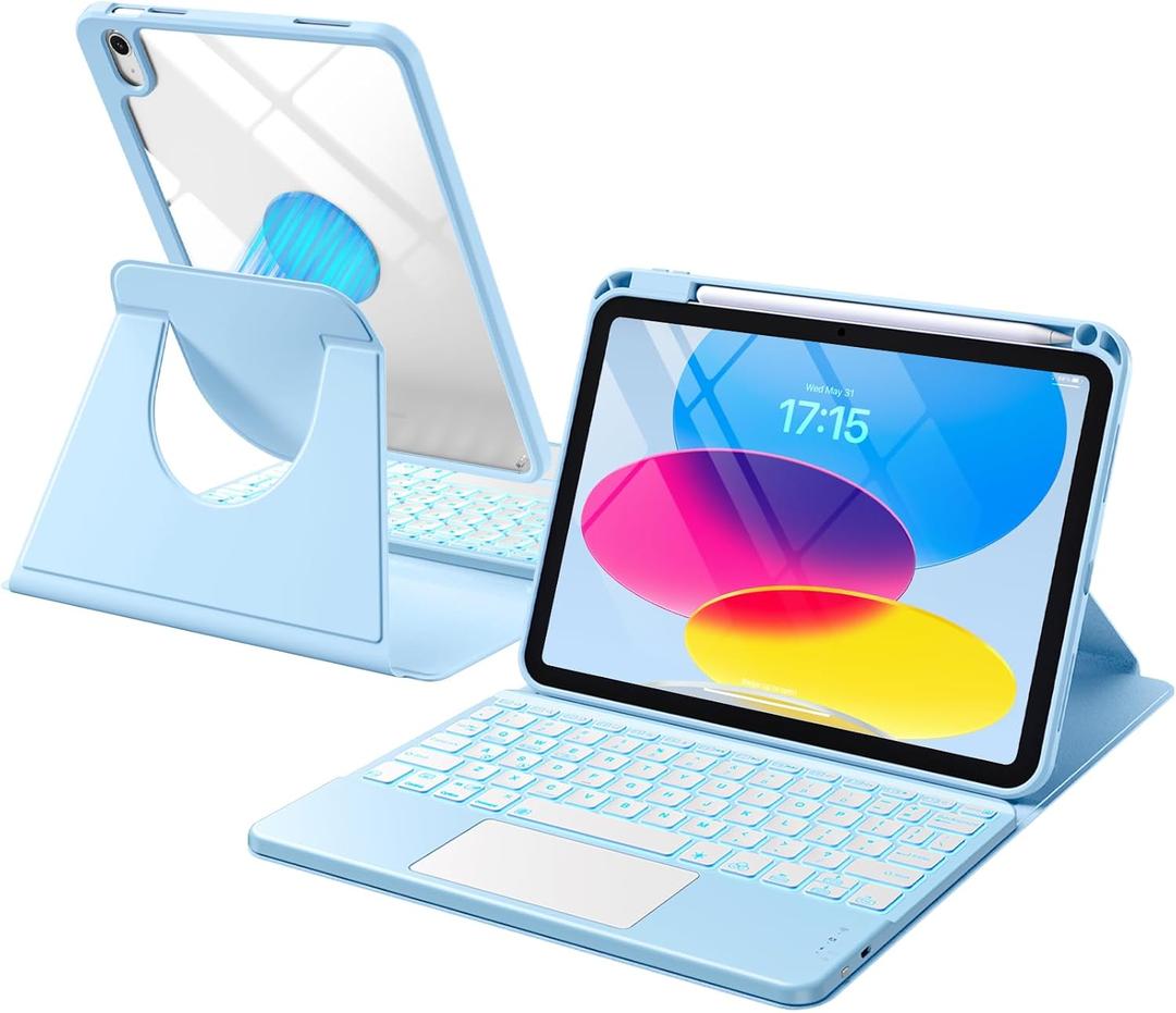 Harvopu for iPad 10th/11th Generation A16 Case with Keyboard, 360 Rotation Detachable Cover with Pencil Holder, Multi-Touch Trackpad, 7 Colors Backlit Keyboard for iPad (A16)/10th Gen (Sky Blue)