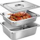 2 Pack Half Size 4 Inch Hotel Pan with Lids 2.6 Inch Perforated Steam Pan Stainless Steel Restaurant Pans for Restaurants, Cafeteria, Kitchen
