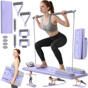 Multifunctional Pilates Board, Pilates Reformer Sets 7-in-1 Foldable Pilates Reformer Machine for Home Workout with Timer, Phone Holder, Push-up Bar, Ab Board, 330LBS Capacity Portable Set (Purple)