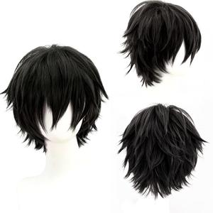 Men's Anime Short Black Cosplay Wig,Unisex Short Layered Synthetic Accessory Hair Wig+Hair Cap for Cosplay Halloween Costume